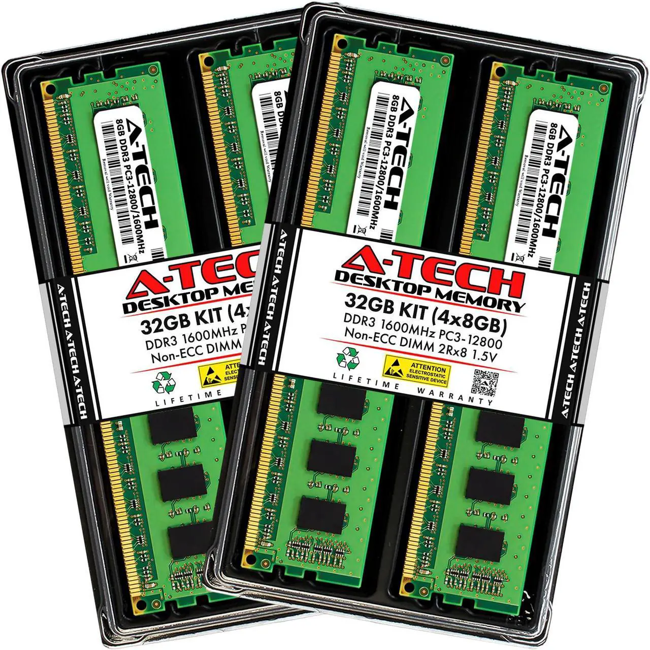 A-Tech 32GB (4x8GB) DDR3 1600MHz DIMM PC3-12800 UDIMM Non-ECC 2Rx8 Dual Rank 1.5V CL11 240-Pin Desktop Computer RAM